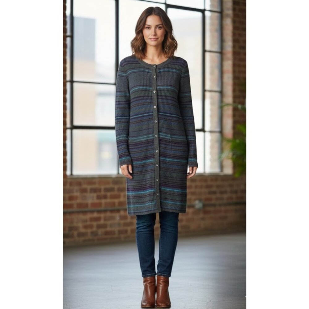 NWT Kinross Cashmere Drop Needle Rib Stripe Cardigan in Charcoal Long Sweater L